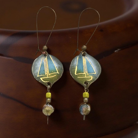 Hand-Painted Enamel Earrings | Artisan Abstract Design | Bronze | Boho Art Jewel - Picture 3 of 9